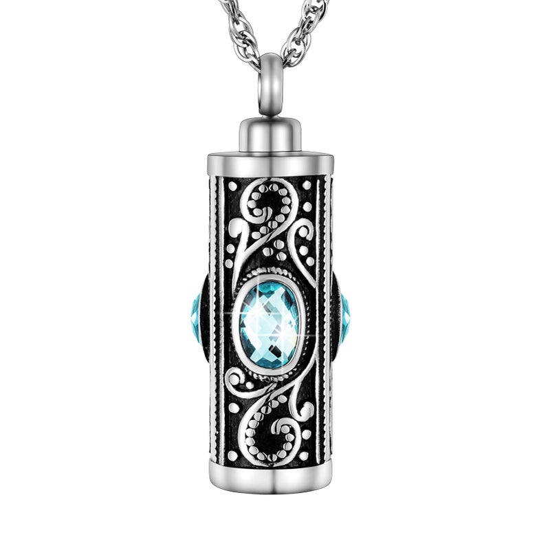 XIUDA Crystal Cremation Urn Necklace for Ashes Keepsake Cremation Jewelry for Human Ashes Stainless Steel Memorial Pendant with Flower (Water Blue) - Image 1